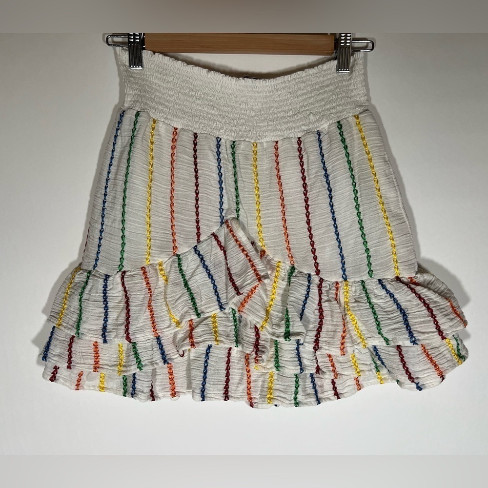 Place Nationale white rainbow striped gauzy festival mini skirt sz M elastic